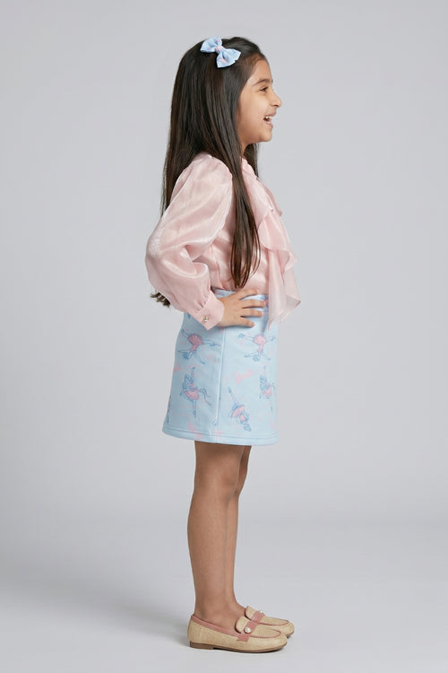 Peach Ruffle Organza Top with Blue Barbie Print Skirt Set BASET470