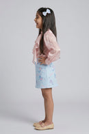 Peach Ruffle Organza Top with Blue Barbie Print Skirt Set BASET470