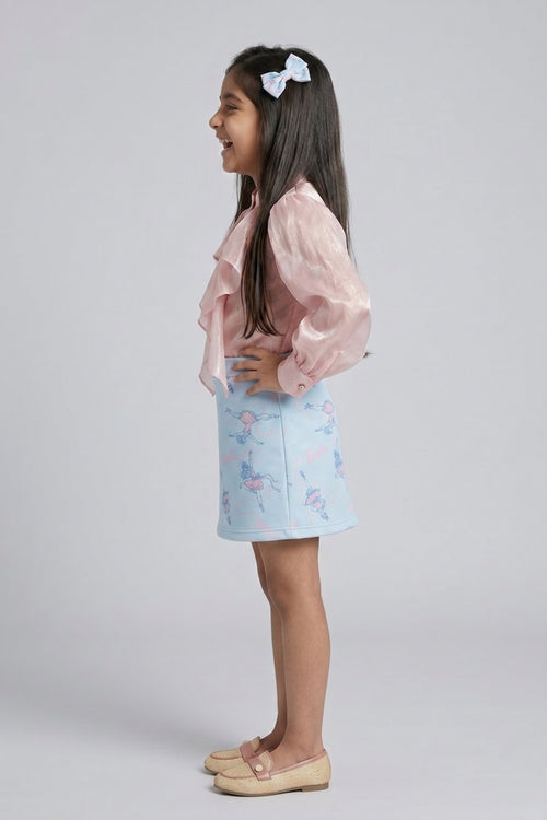 Peach Ruffle Organza Top with Blue Barbie Print Skirt Set BASET470