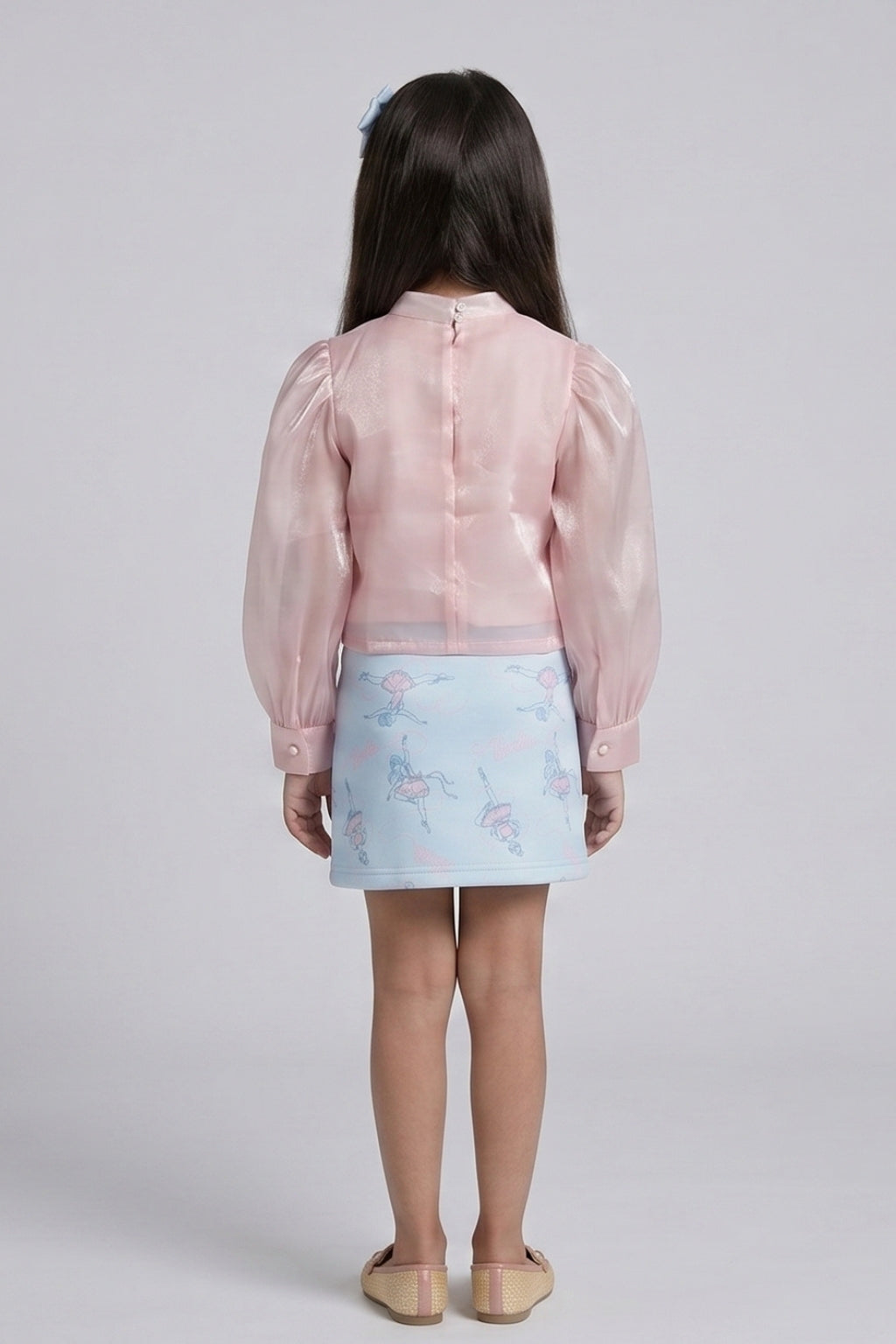 Peach Ruffle Organza Top with Blue Barbie Print Skirt Set BASET470