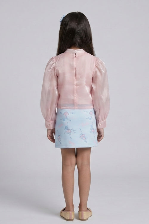 Peach Ruffle Organza Top with Blue Barbie Print Skirt Set BASET470