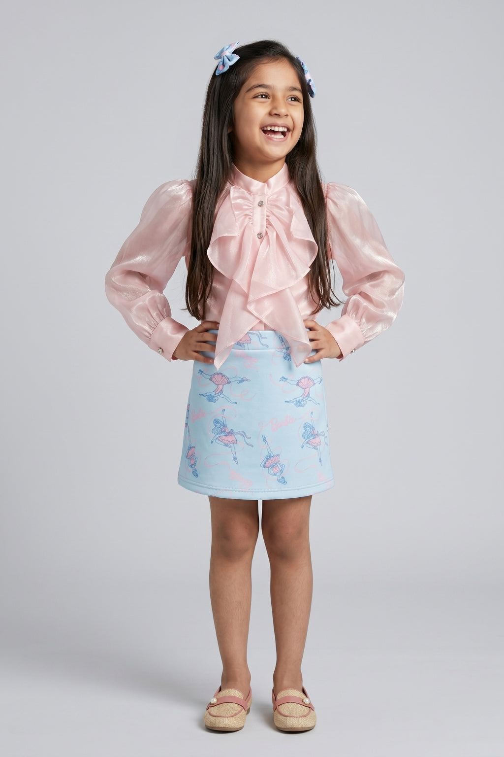 Peach Ruffle Organza Top with Blue Barbie Print Skirt Set BASET470