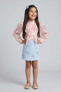 Peach Ruffle Organza Top with Blue Barbie Print Skirt Set BASET470