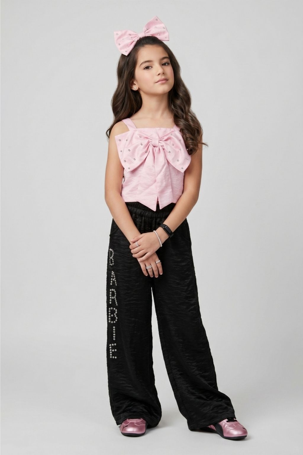 Barbie Pink Bow Top with Black Wide-Leg Pants Co-ord Set BASET496