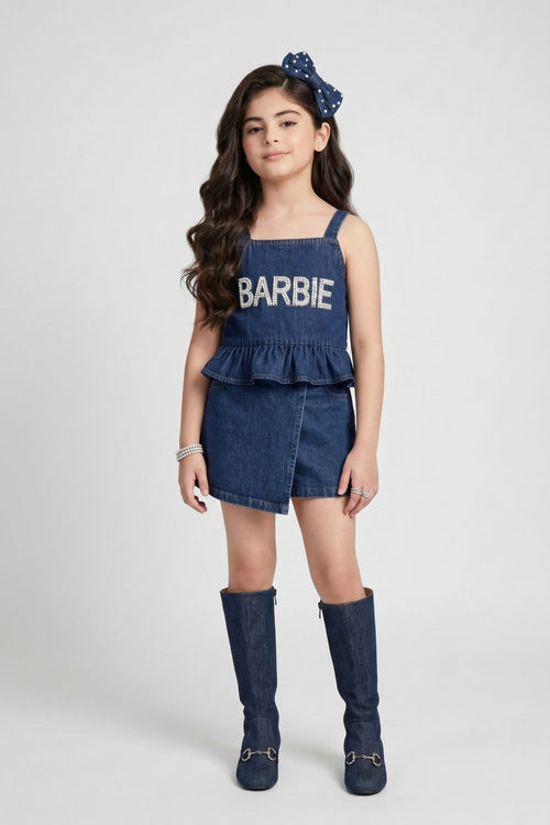 Barbie Dark Blue Denim Peplum Top with Skort Co-ord Set BASET497