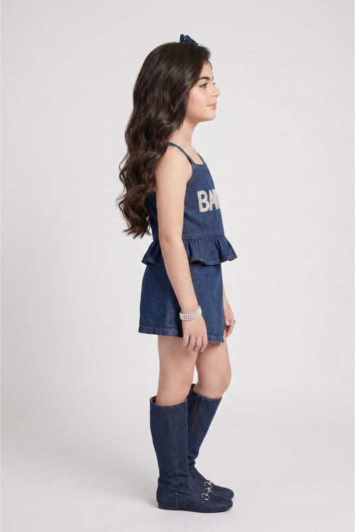 Barbie Dark Blue Denim Peplum Top with Skort Co-ord Set BASET497