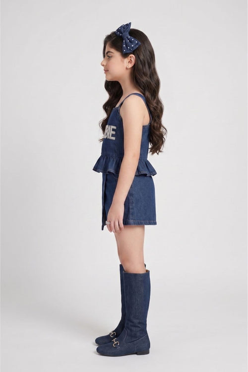 Barbie Dark Blue Denim Peplum Top with Skort Co-ord Set BASET497