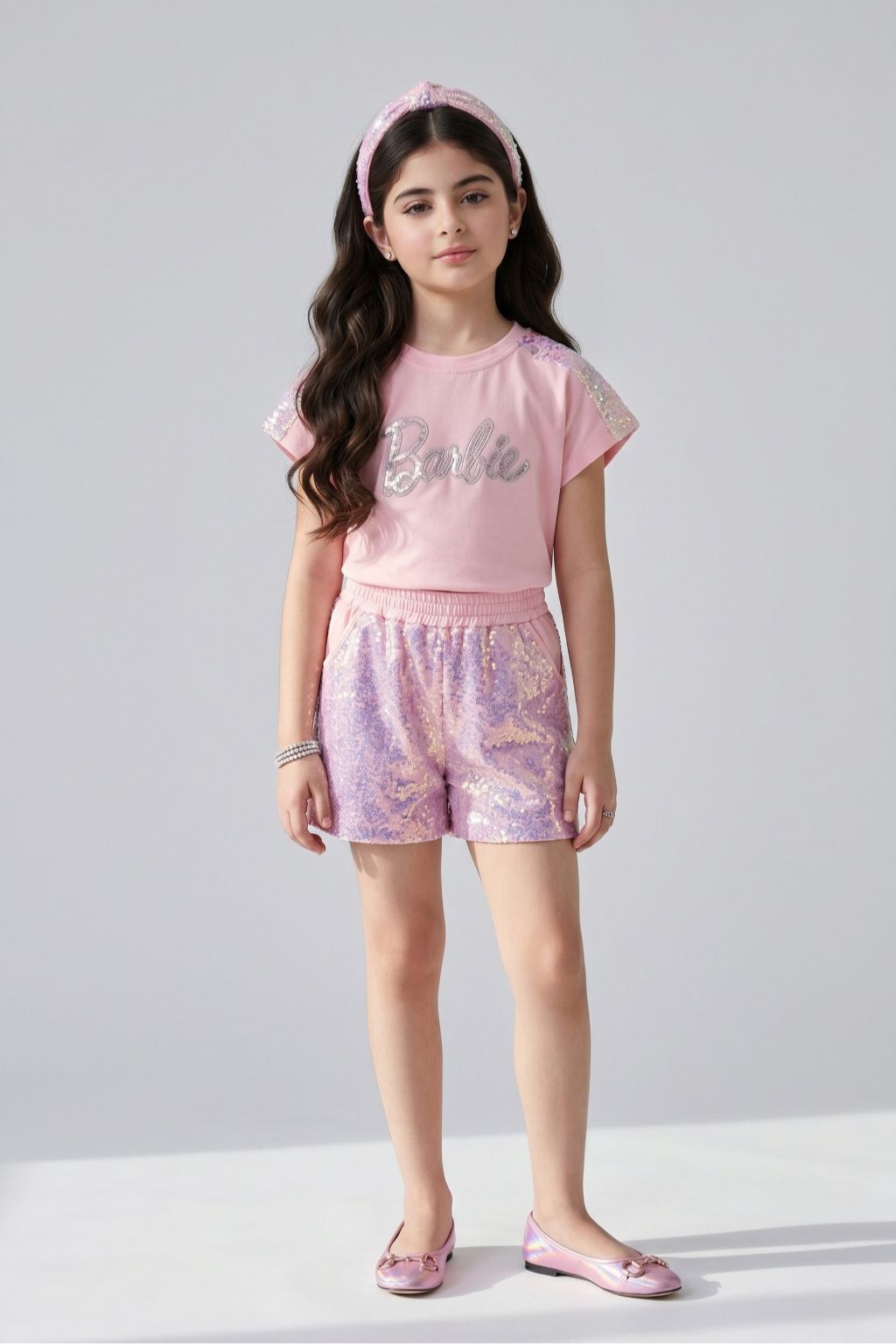 Barbie Girls Light Peach Sequins Shorts Co-ord Set BASET521