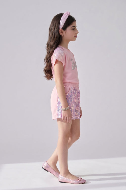 Barbie Girls Light Peach Sequins Shorts Co-ord Set BASET521