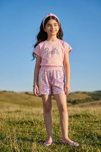Barbie Girls Light Peach Sequins Shorts Co-ord Set BASET521