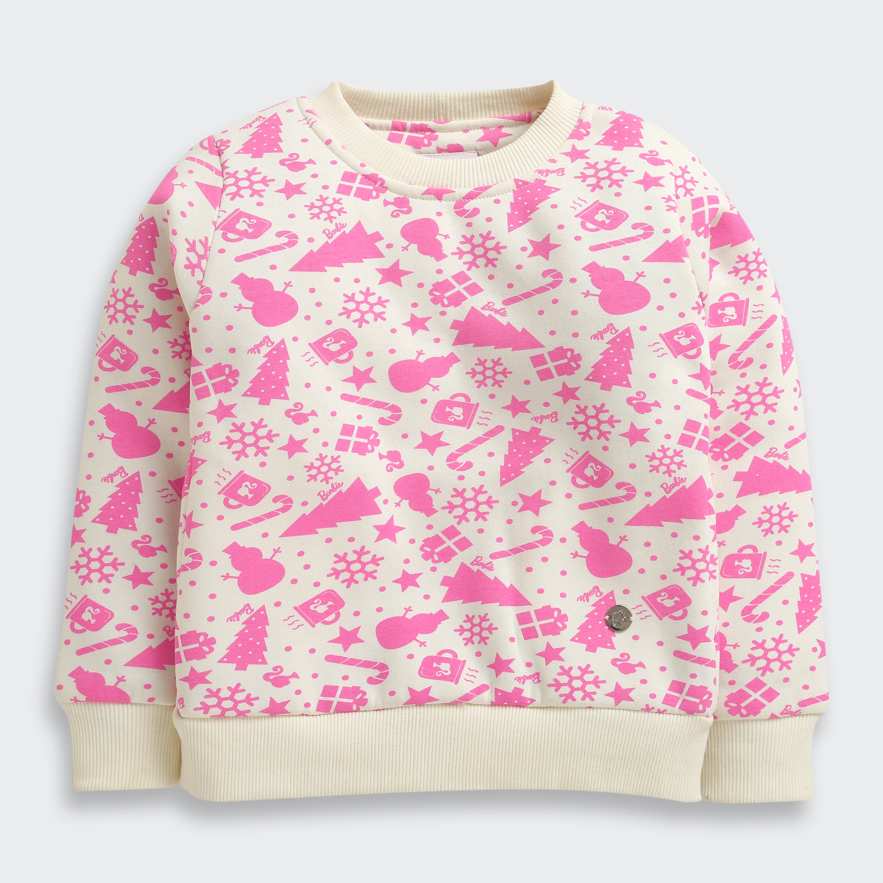Tiny Girl Cream & Pink Christmas Print Sweatshirt for Girls | Soft Winter Wear | Kids Cozy Fleece Top | Tiny Girl India