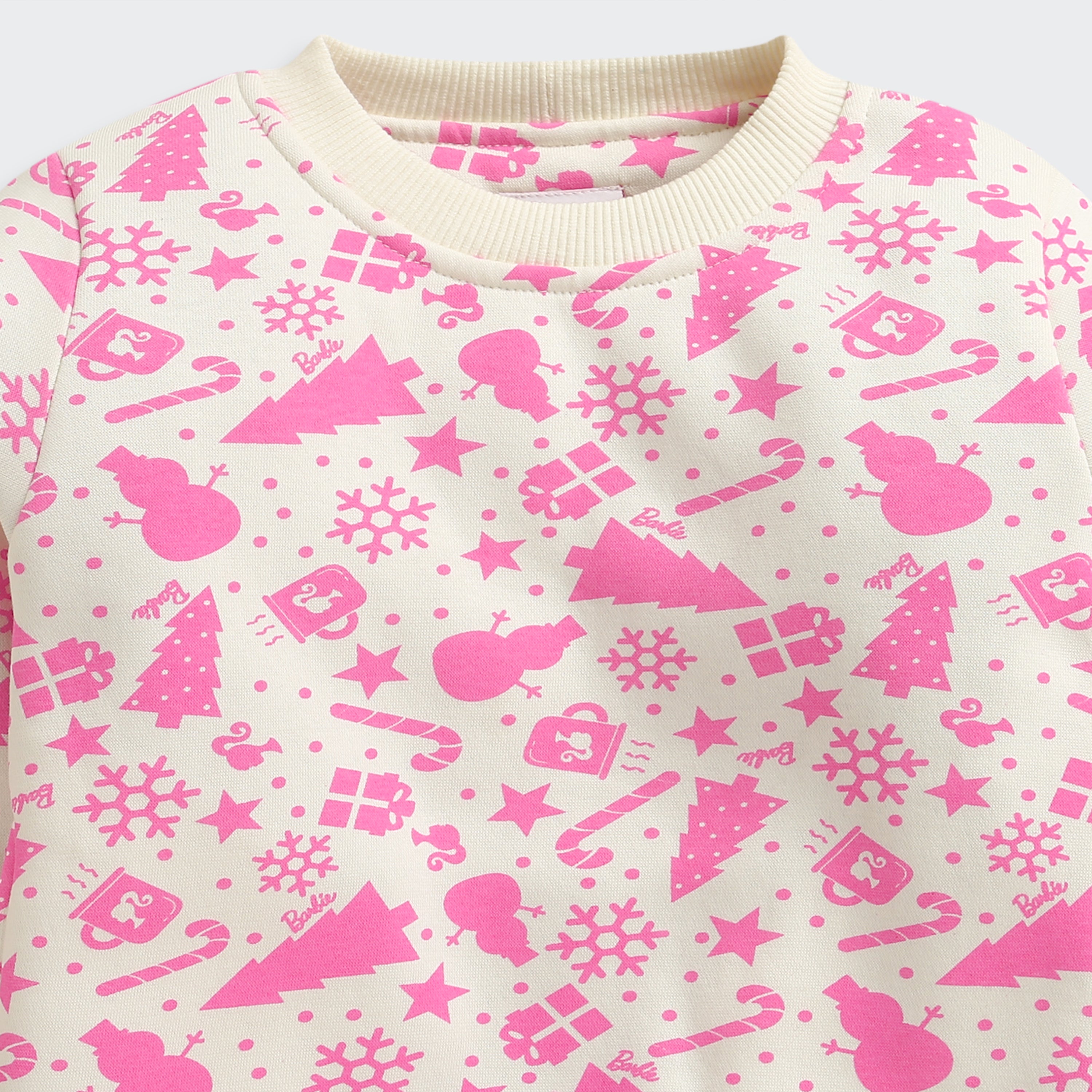 Tiny Girl Cream & Pink Christmas Print Sweatshirt for Girls | Soft Winter Wear | Kids Cozy Fleece Top | Tiny Girl India