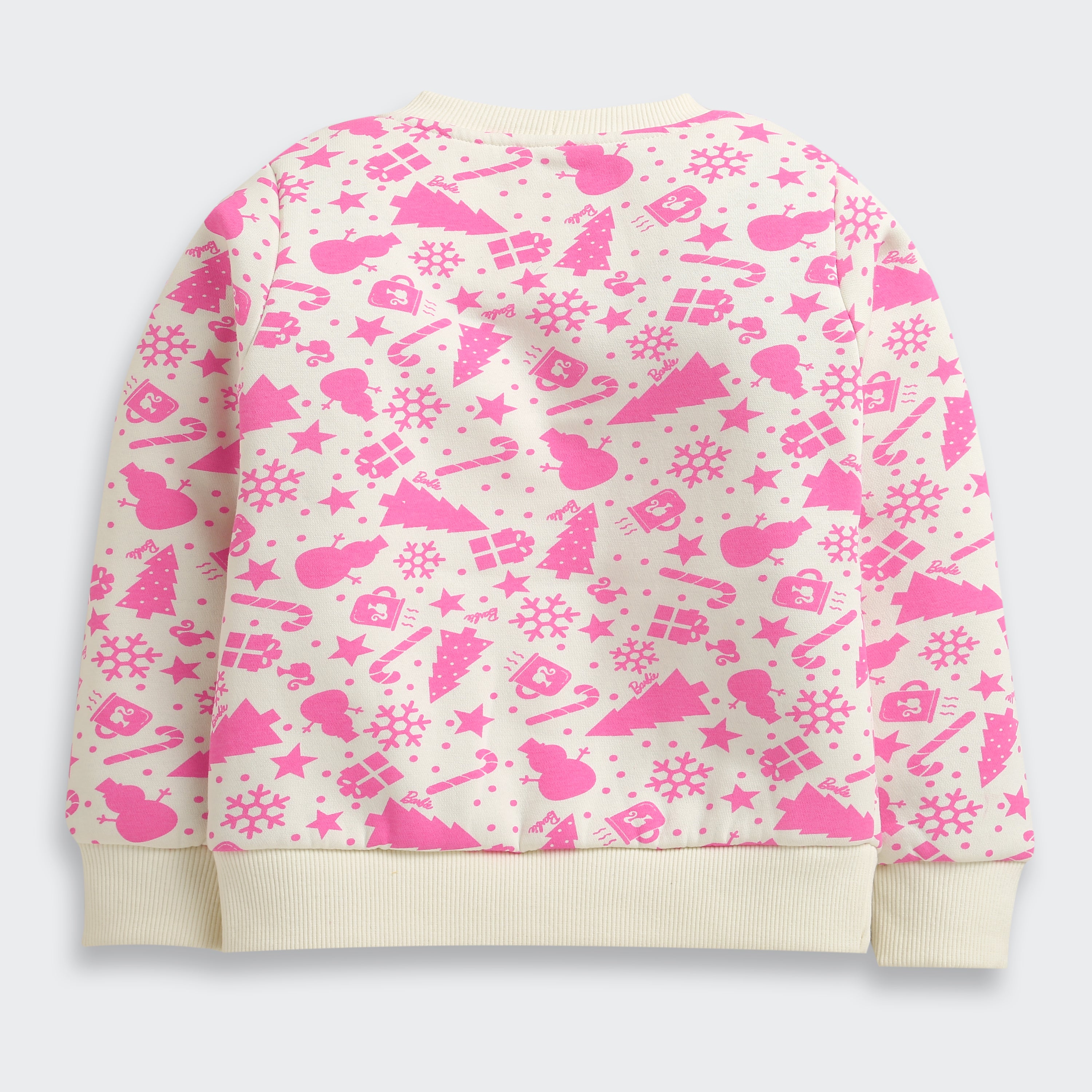 Tiny Girl Cream & Pink Christmas Print Sweatshirt for Girls | Soft Winter Wear | Kids Cozy Fleece Top | Tiny Girl India