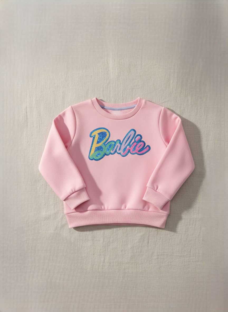 Barbie Logo Print Light Pink Sweatshirt | Trendy Girls Winter Wear Online | Kids