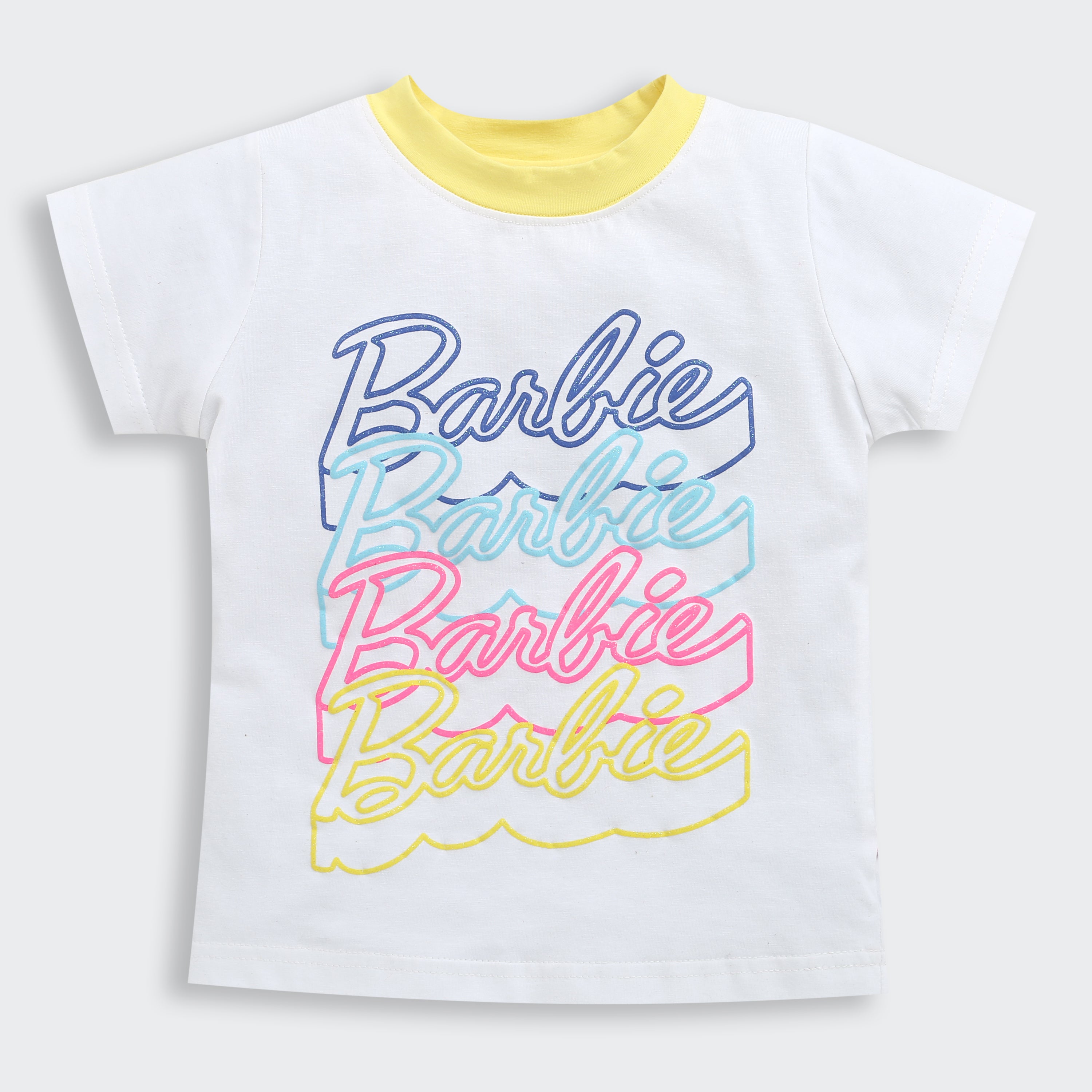White Multi-Logo Barbie T-Shirt – Cool Graphic Casual Top