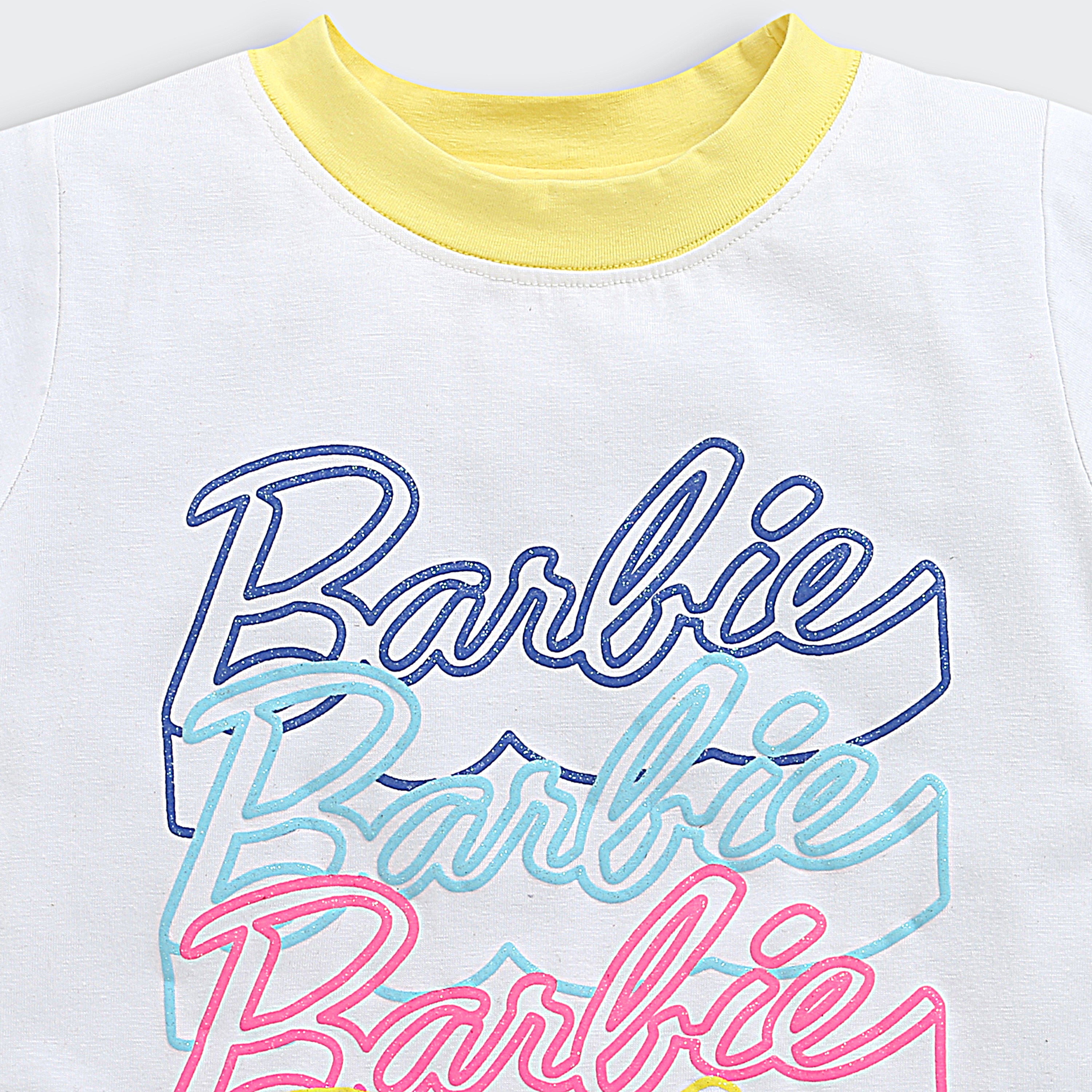 White Multi-Logo Barbie T-Shirt – Cool Graphic Casual Top