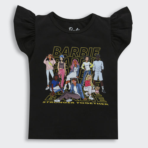 Black Ruffle-Sleeve Barbie Graphic T-Shirt BATP2005