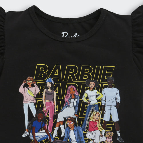 Black Ruffle-Sleeve Barbie Graphic T-Shirt BATP2005