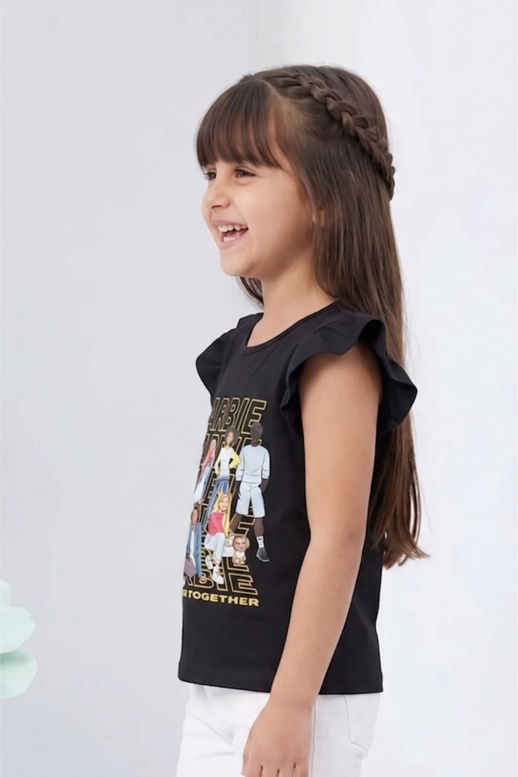 Black Ruffle-Sleeve Barbie Graphic T-Shirt BATP2005