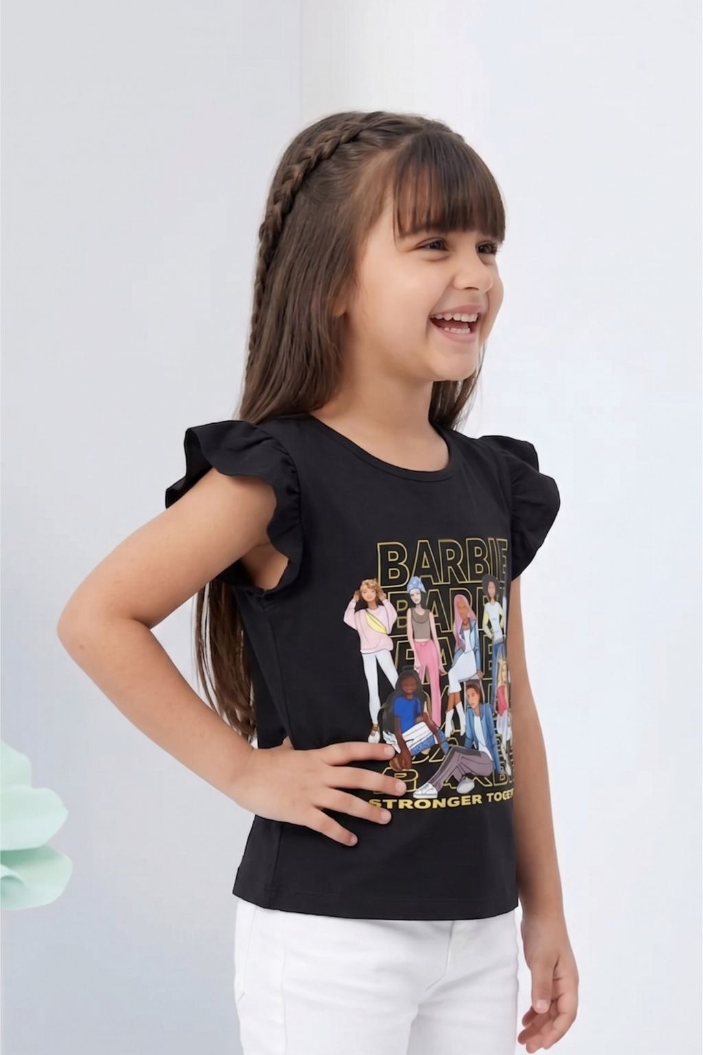 Black Ruffle-Sleeve Barbie Graphic T-Shirt BATP2005