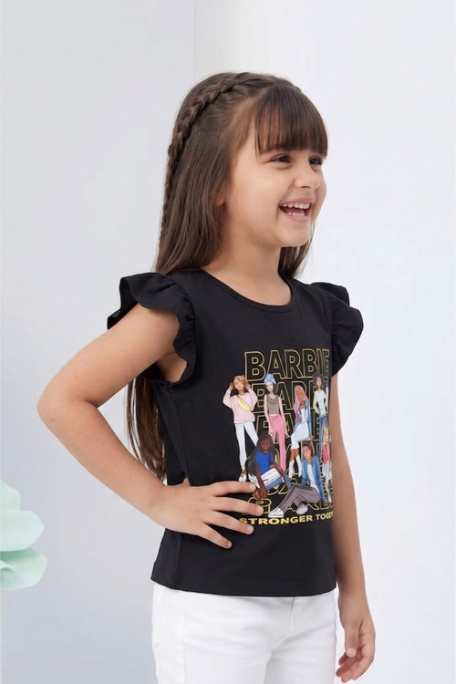 Black Ruffle-Sleeve Barbie Graphic T-Shirt BATP2005