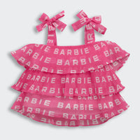 Hot Pink Barbie Logo Ruffle Top – Trendy Party Wear for Girls