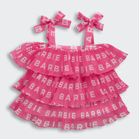 Hot Pink Barbie Logo Ruffle Top – Trendy Party Wear for Girls