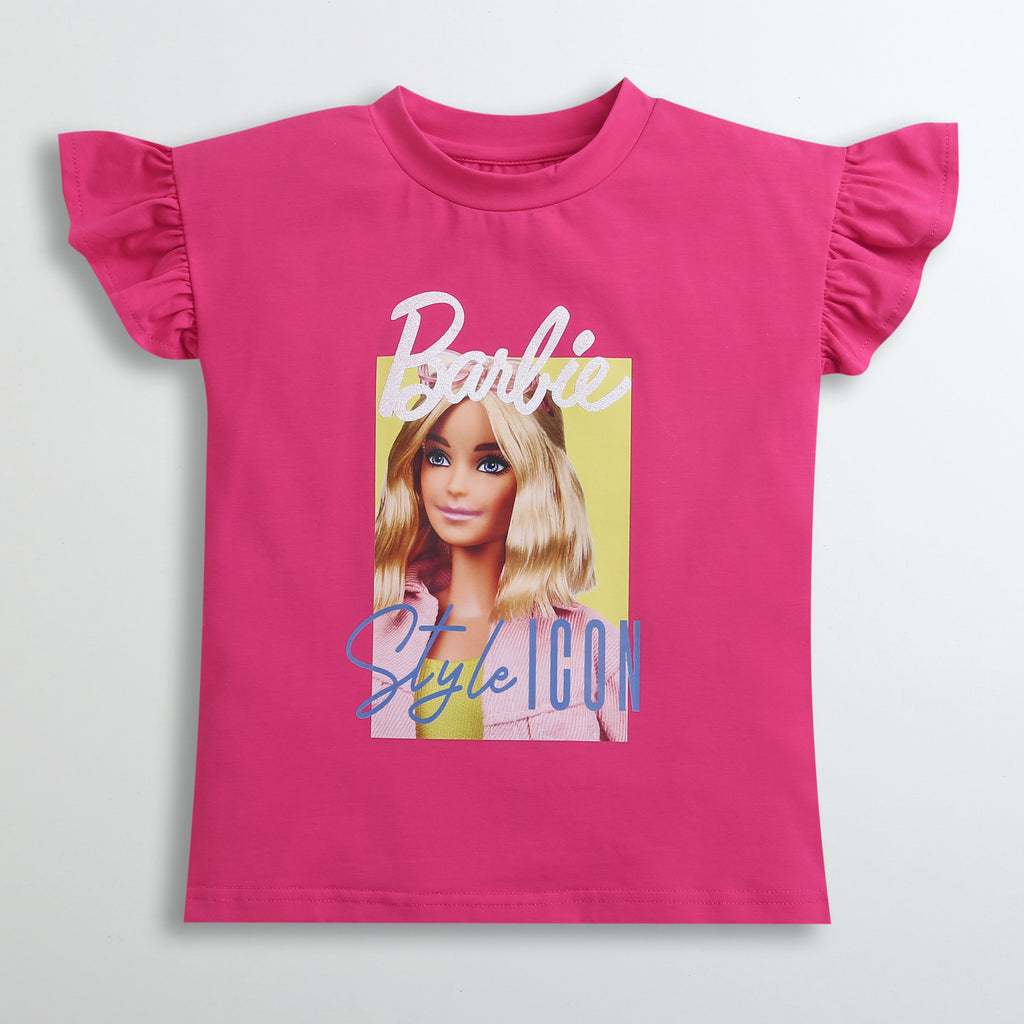 Barbie Hot Pink Ruffle Sleeve Graphic Tee BATP2027