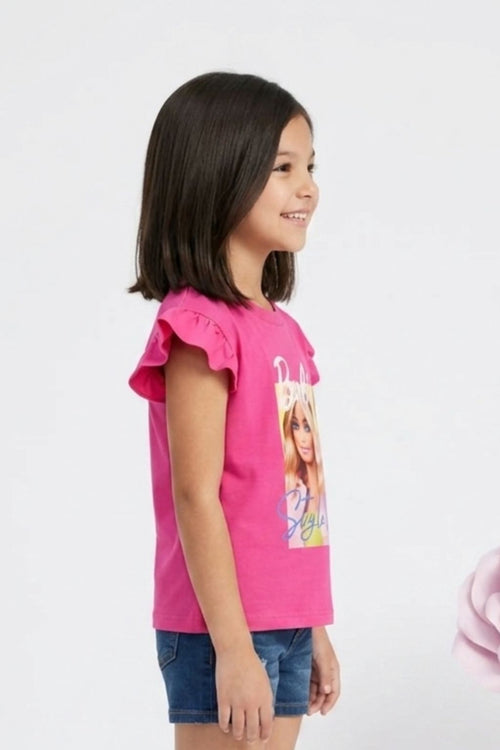 Barbie Hot Pink Ruffle Sleeve Graphic Tee BATP2027