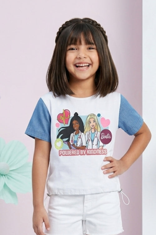 Barbie White Denim-Sleeve T-Shirt BATP2048