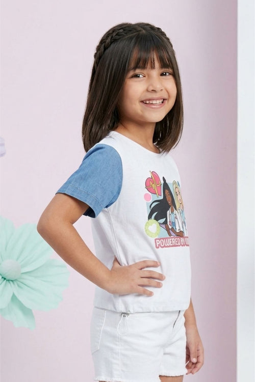 Barbie White Denim-Sleeve T-Shirt BATP2048