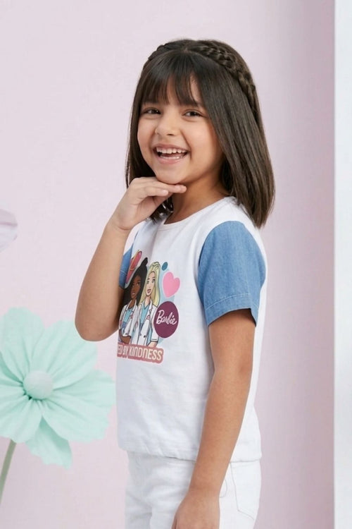 Barbie White Denim-Sleeve T-Shirt BATP2048