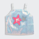 Barbie by Tiny Girl Sleeveless Star Patch Detailed Shimmered & Sequins Embellished Top - Silver & White