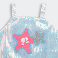Barbie by Tiny Girl Sleeveless Star Patch Detailed Shimmered & Sequins Embellished Top - Silver & White