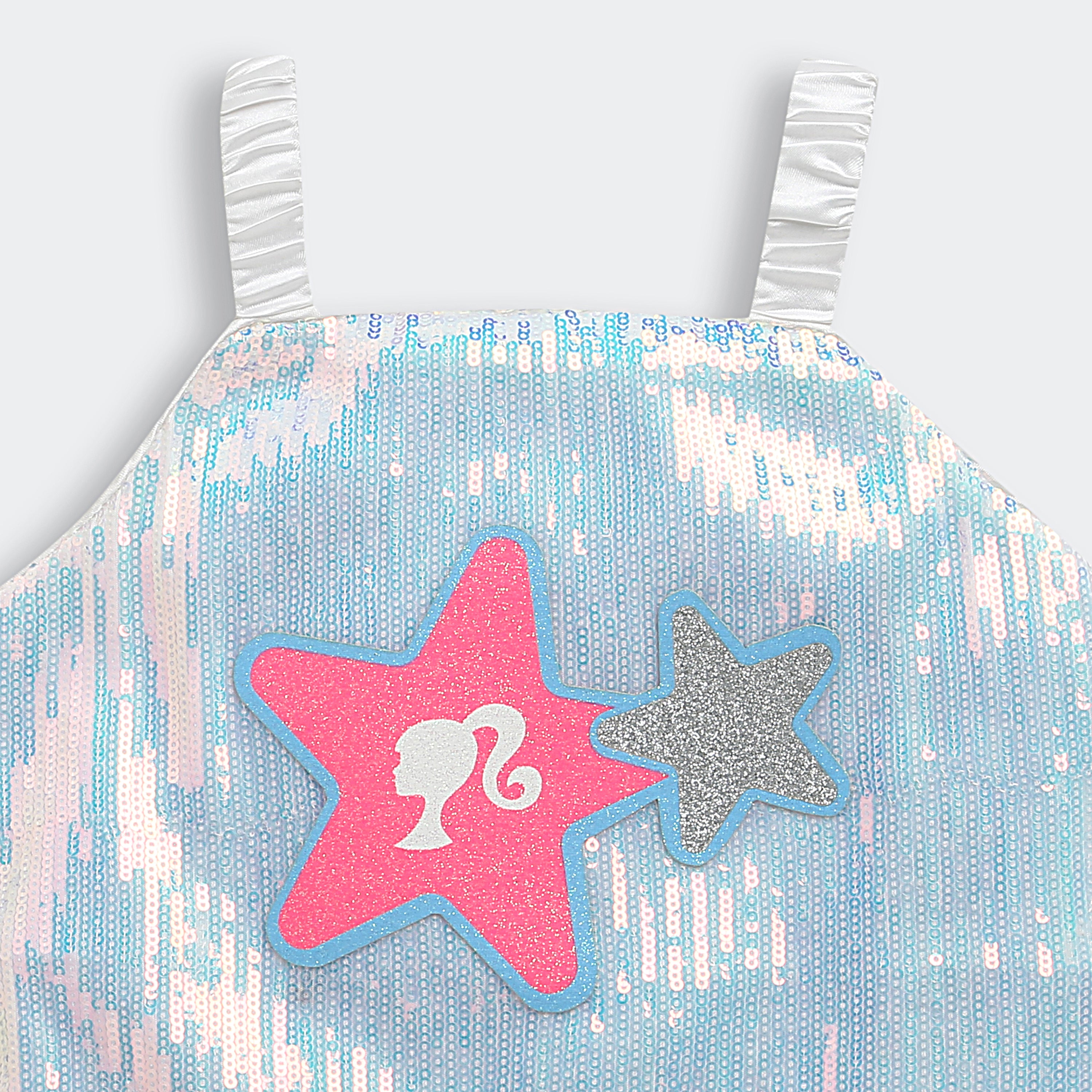 Barbie by Tiny Girl Sleeveless Star Patch Detailed Shimmered & Sequins Embellished Top - Silver & White