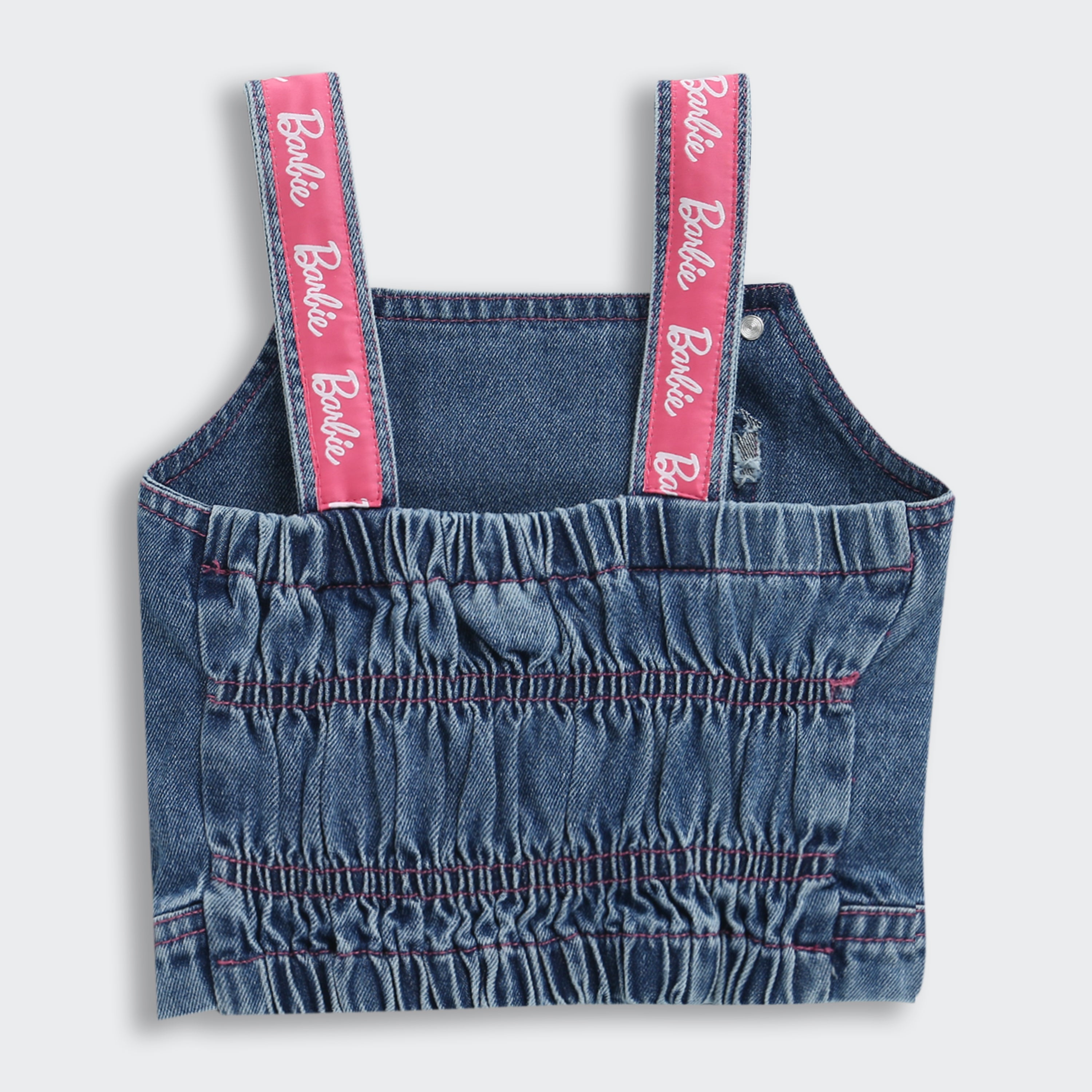 Barbie Denim Dungaree Top Pink Logo Straps & Pocket Detail | Trendy Girls Outfit Online | Kids