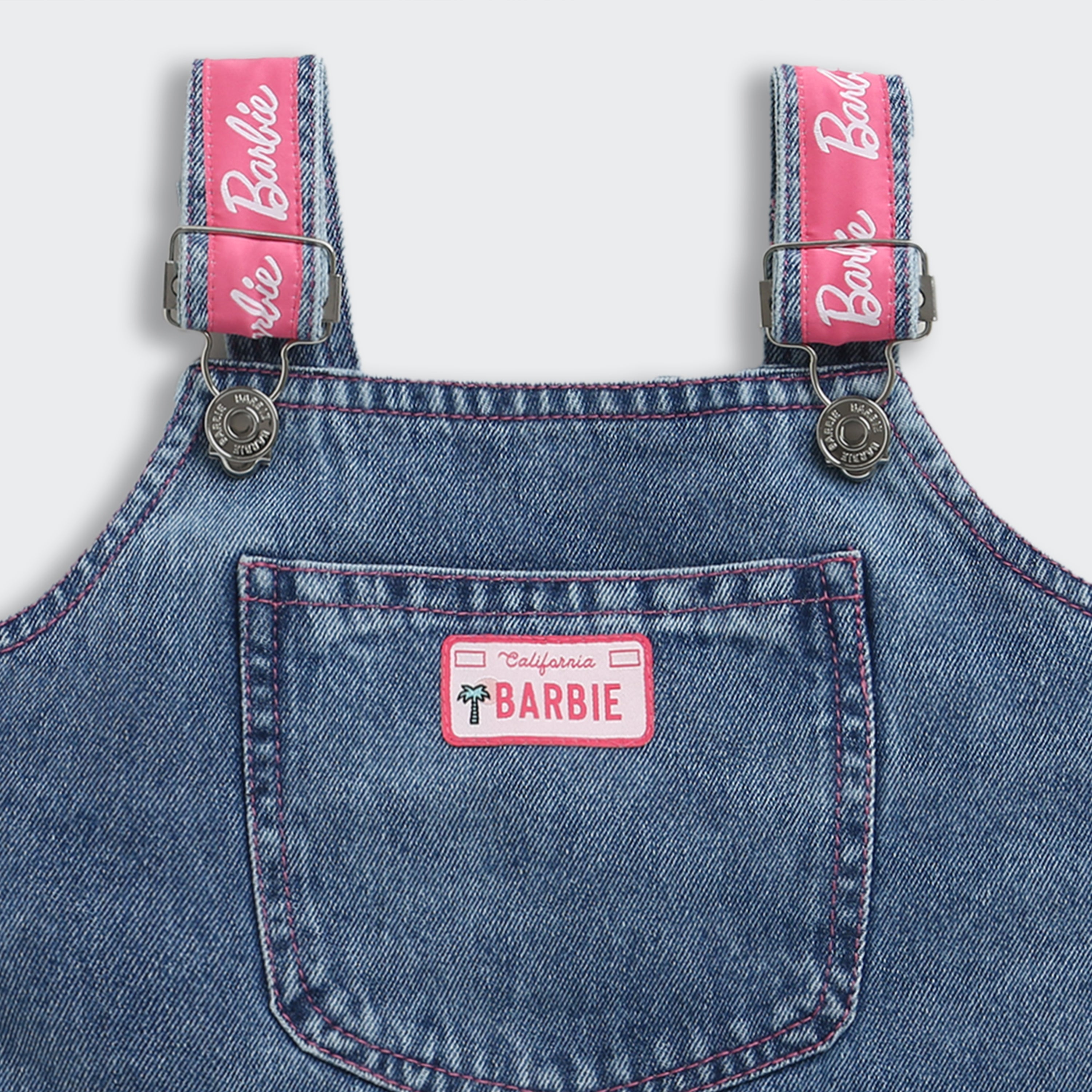 Barbie Denim Dungaree Top Pink Logo Straps & Pocket Detail | Trendy Girls Outfit Online | Kids