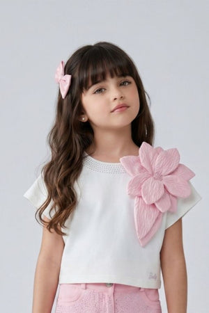 Barbie White Cap Sleeve Floral Applique Top BATP2264