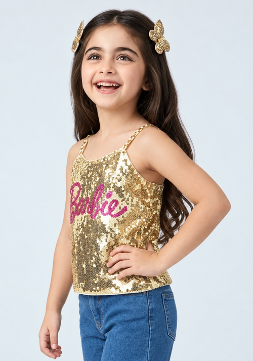 Barbie Girls Golden Sequin Sleeveless Strappy Partywear Top BATP2291