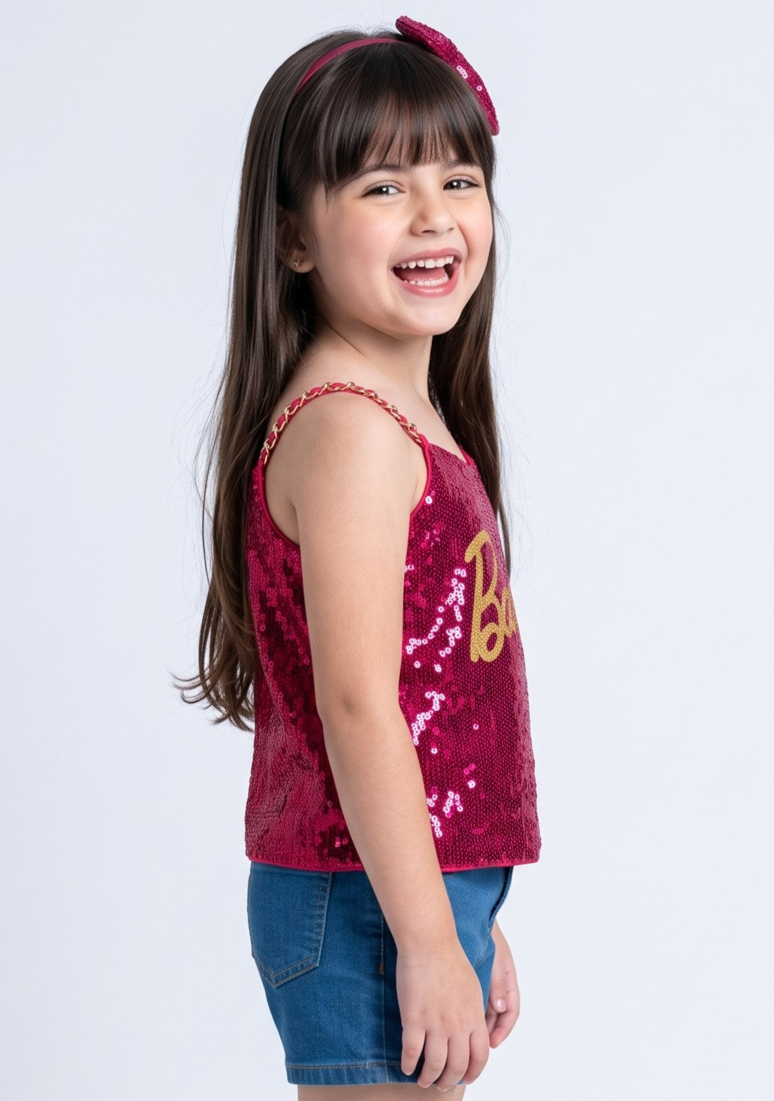 Barbie Girls Hot Pink Sequin Sleeveless Strappy Partywear Top BATP2291