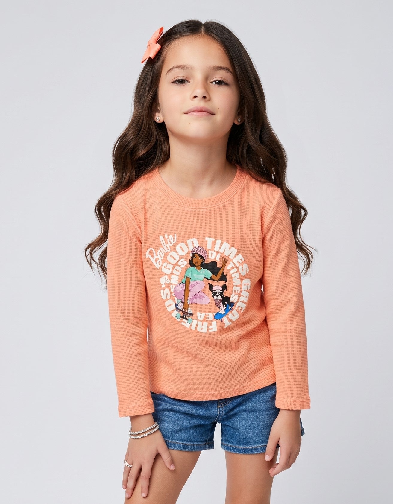 Barbie Peach Graphic Waffle-Knit Full Sleeve T-Shirt BATP2296