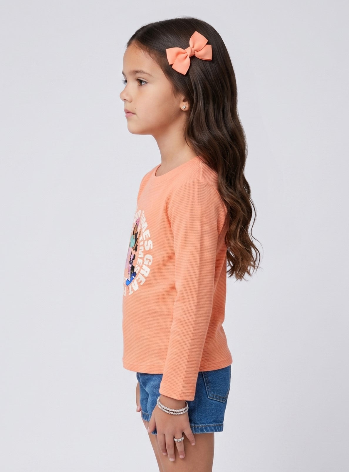 Barbie Peach Graphic Waffle-Knit Full Sleeve T-Shirt BATP2296