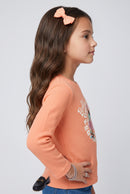 Barbie Peach Graphic Waffle-Knit Full Sleeve T-Shirt BATP2296