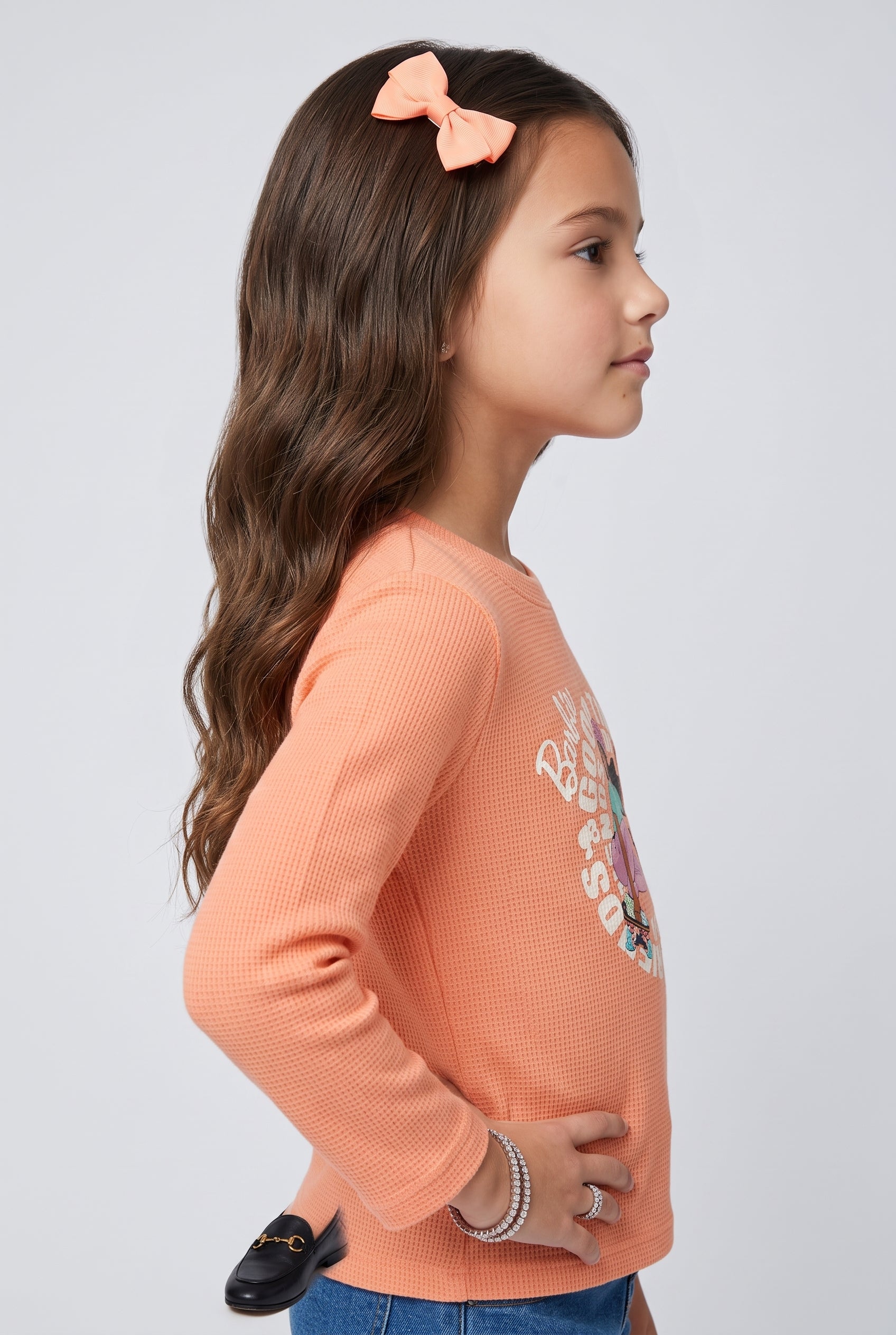 Barbie Peach Graphic Waffle-Knit Full Sleeve T-Shirt BATP2296