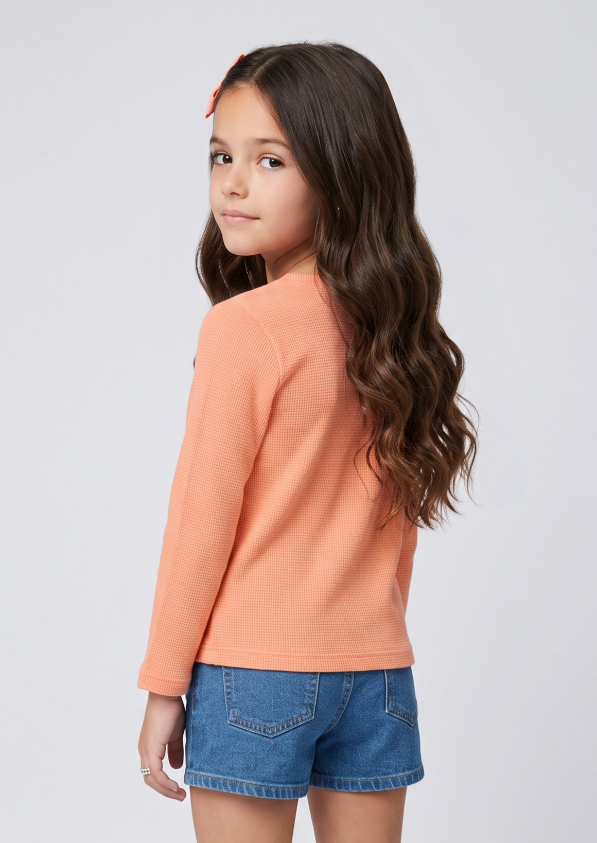 Barbie Peach Graphic Waffle-Knit Full Sleeve T-Shirt BATP2296