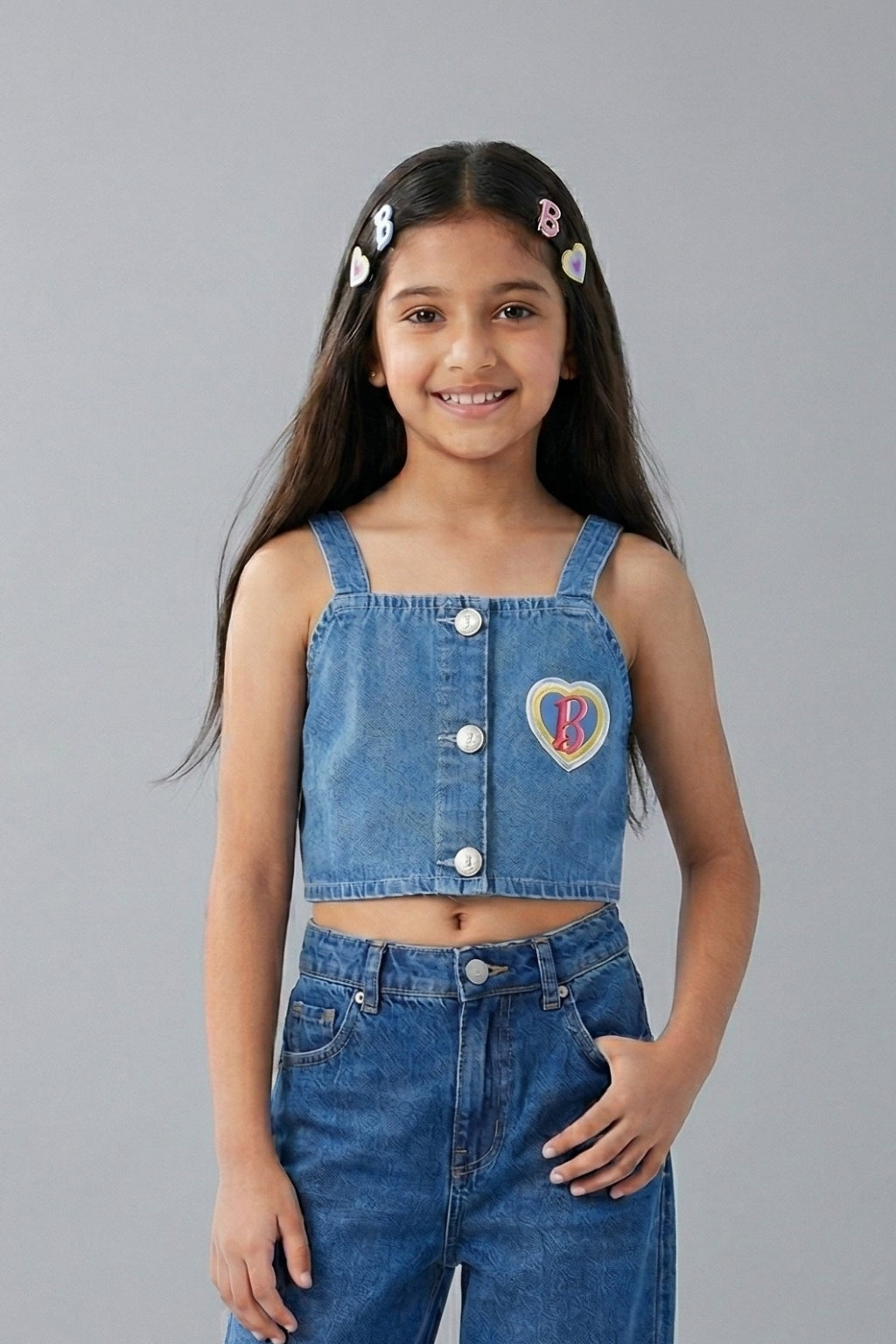 Barbie Denim Soild Heart Patch Crop Top BAWC0001