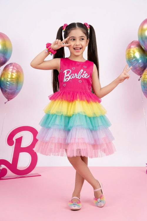 Girls Barbie Rainbow Tulle Dress BAF222