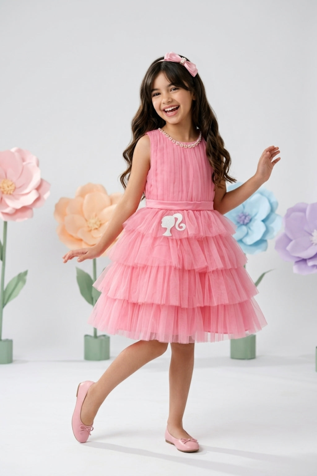 Barbie Peach Net Layered Embellished Party Dress BAF245