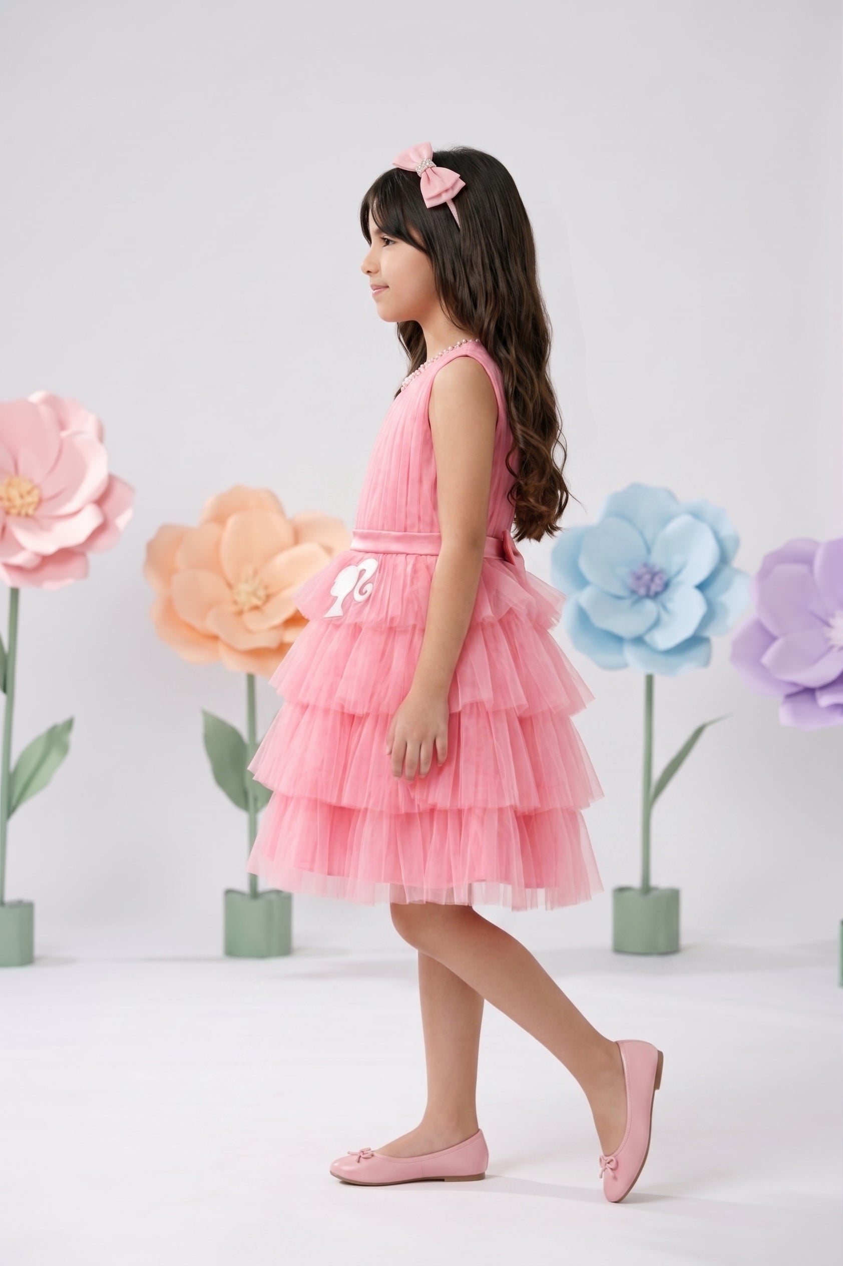 Barbie Peach Net Layered Embellished Party Dress BAF245