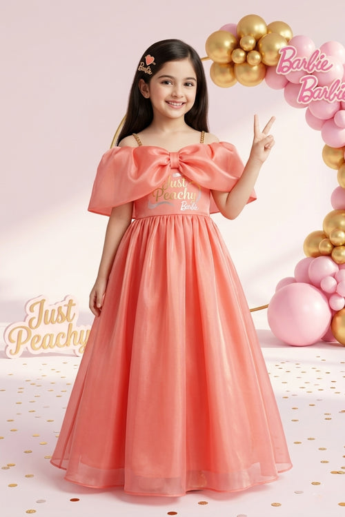 Barbie Girls Peach Bow Party Gown Off Shoulder Tulle BAG430